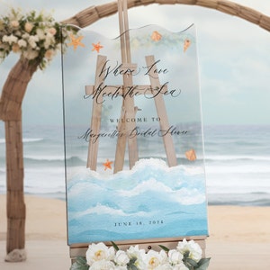 Beach Bridal Shower Sign, Custom Beach Bridal Shower Welcome Sign, Where Love Meets The Sea Bridal Shower Party,  Beach Bridal Decorations