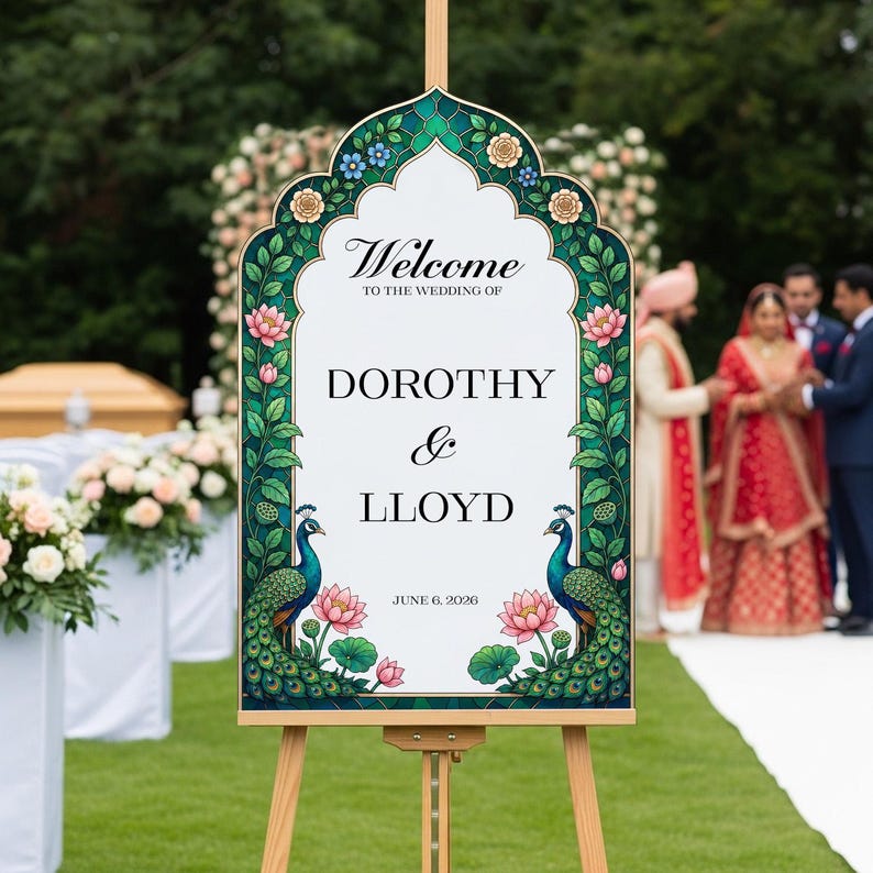 Op de afbeelding: Een wit welkomstbord voor een bruiloft op een houten ezel met een decoratieve rand van groene wijnstokken, roze lotusbloemen en twee pauwen. De tekst luidt Welcome to the wedding of Dorothy & Lloyd June 6, 2026 in een zwart schreeflettertype.