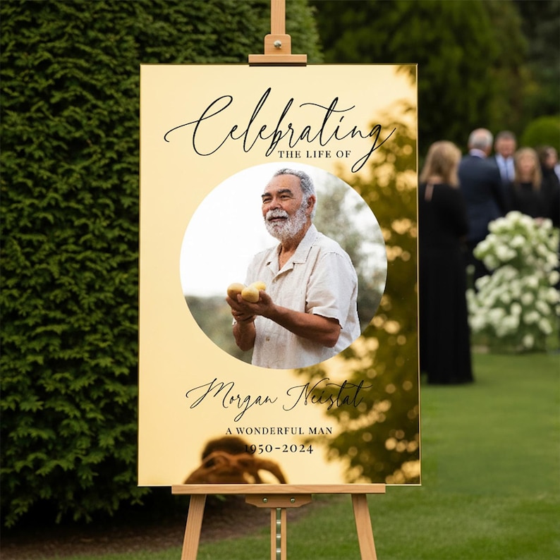 Celebration Of Life Sign, Funeral Welcome Sign, Photo Memorial Sign, Custom Acrylic In Loving Memory Sign Gold Acrylic Mirror