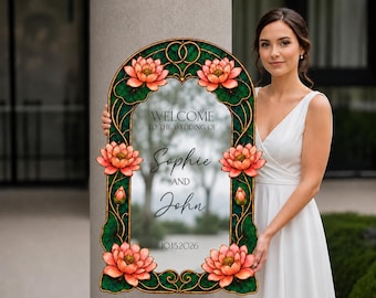 Blooming Lotus Wedding Sign, Green Stained Glass Wedding Welcome Sign, Printed Floral Acrylic Wedding Entrance Sign