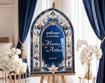 Stained Glass Wedding Welcome Sign, Blue Mirror Wedding Sign, Printed Mirror Acrylic Wedding Entrance Sign