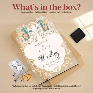 May include: A rectangular acrylic wedding sign featuring two illustrated elephants with teal and gold decorative blankets. The text reads "ROHAN & AANYA Wedding FOREVER IN LOVE 12.15.2024". Included are wall mount clips, a black microfiber cloth, and hardware.