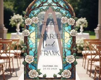 Turquoise Stained Glass Wedding Sign, Custom Floral Wedding Welcome Signs, Cream Roses Wedding Decorations