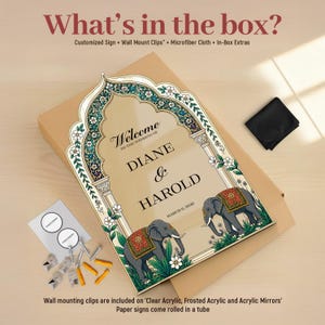 Peut inclure: Un panneau de mariage rectangulaire avec un cadre en arche orn&eacute; de motifs floraux et deux &eacute;l&eacute;phants. Le texte indique Welcome to the wedding of Diane & Harold March 6, 2020. Inclut des clips de fixation murale, des vis et un chiffon microfibre.