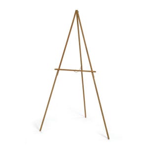 May include: A tall, light brown wooden tripod easel featuring three slender legs that converge at the top. A horizontal support bar is positioned across the front, held in place by a small metal hook and chain mechanism for stability.