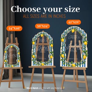 May include: Three arched welcome signs for a bridal shower on wooden easels. The signs feature blue and white vertical stripes, lemon and blossom illustrations, and text reading Welcome to Carla's Bridal Shower March 04 2026. Sizes are 24x16, 36x24, and 42x28 inches.