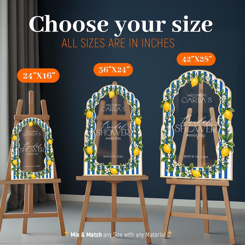 May include: Three arched welcome signs for a bridal shower on wooden easels. The signs feature blue and white vertical stripes, lemon and blossom illustrations, and text reading Welcome to Carla's Bridal Shower March 04 2026. Sizes are 24x16, 36x24, and 42x28 inches.