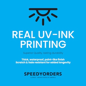 May include: A bright blue informational graphic featuring a black sun icon above the white text REAL UV-INK PRINTING. Below this, smaller text reads Superior Quality, lasting durability, followed by Thick, waterproof, paint-like finish, Scratch & fade resistant for added longevity, and the brand name SPEEDYORDERS ILLINOIS UNITED STATES OF AMERICA.