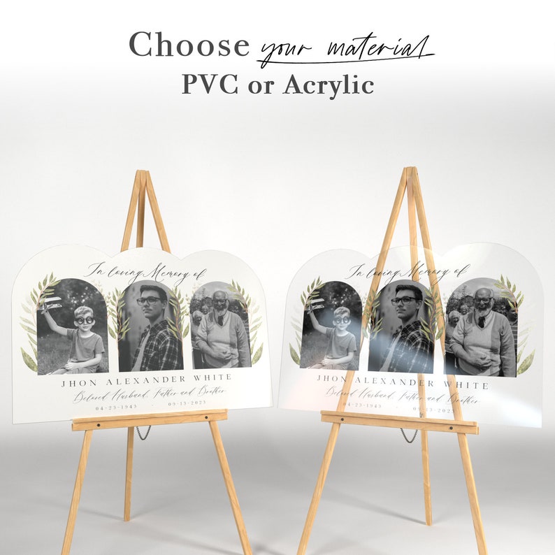 May include: Two white acrylic memorial signs with a green watercolor archway and three black and white photos of a man and two boys. The text on the sign reads "In loving memory of JHON ALEXANDER WHITE Beloved Husband, Father and Brother 04-23-1945 09-23-2023".