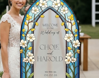 Floral Wedding Sign, Arched Stained Glass Wedding Signs, Acrylic Wedding Signs, Printed Blue Wedding Signage