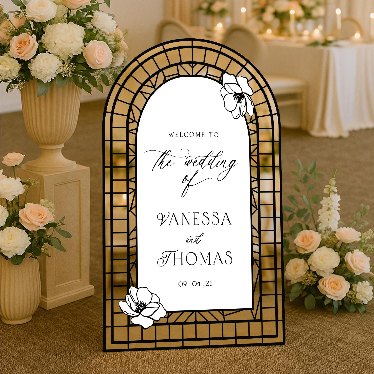 Wedding Sign, Stained Glass Wedding Welcome Sign, Printed Acrylic Mirror Wedding Sign, Floral Wedding Decorations