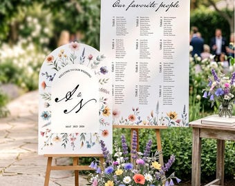 Wildflowers Wedding Welcome Sign and Seating Chart Bundle, Modern Floral Wedding Signs Set in Mirrored, Frosted or Acrylic