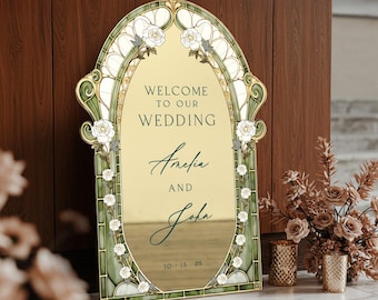 Sage Stained Glass Wedding Sign, Cream Roses Mirror Wedding Welcome Sign, Printed Sage and Gold Mirrored Or Acrylic Wedding Entrance Sign