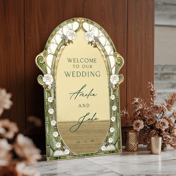 Sage Stained Glass Wedding Sign, Cream Roses Mirror Wedding Welcome Sign, Printed Sage and Gold Mirrored Or Acrylic Wedding Entrance Sign