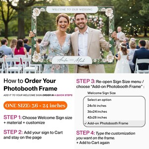 May include: A rectangular photobooth frame featuring a stained glass-style border with white roses and green accents. The top banner reads WELCOME TO OUR WEDDING and the bottom banner displays the names Amelia AND Mark in a script font.