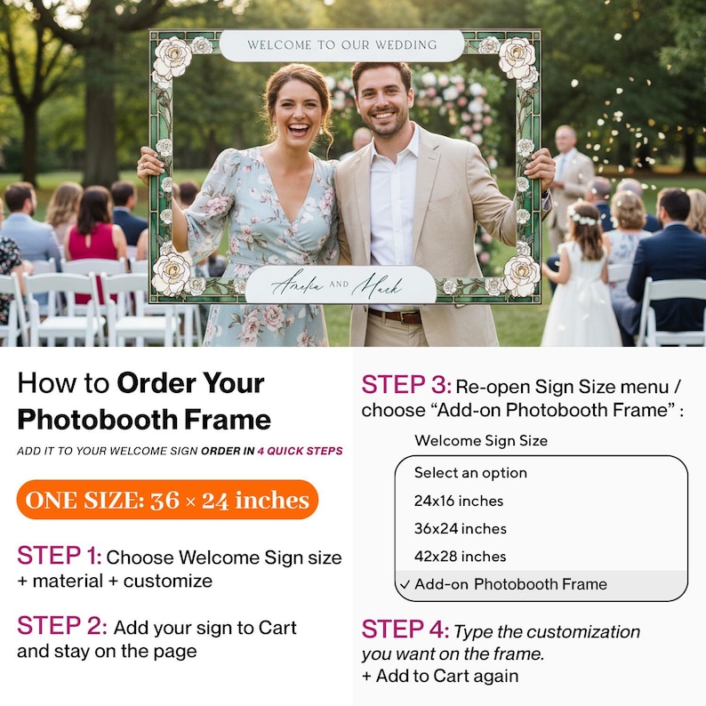 May include: A rectangular photobooth frame featuring a stained glass-style border with white roses and green accents. The top banner reads WELCOME TO OUR WEDDING and the bottom banner displays the names Amelia AND Mark in a script font.
