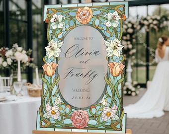 Stained Glass Floral Wedding Sign, Welcome to the Wedding Of Sign, Mirror Or Frosted Acrylic Wedding Entrance Centrepiece