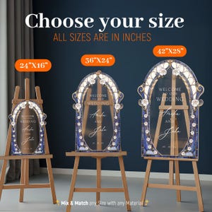 May include: Wedding welcome signs in three sizes: 24"x16", 36"x24", and 42"x28". Each sign features a blue and white floral design, the words "Welcome to our Wedding", and personalized names and date. The signs are displayed on wooden easels.