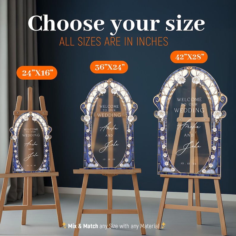 May include: Wedding welcome signs in three sizes: 24"x16", 36"x24", and 42"x28". Each sign features a blue and white floral design, the words "Welcome to our Wedding", and personalized names and date. The signs are displayed on wooden easels.