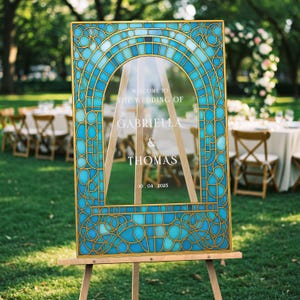 Teal Stained Glass Wedding Sign, Aqua Blue Wedding Welcome Sign, Mirror Or Acrylic Wedding Entrance Sign, Stain Glass Wedding Decorations