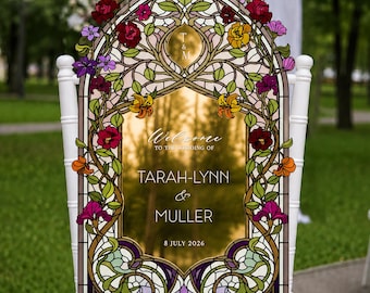 Mirror Wedding Welcome Sign, Wildflowers Stained Glass Wedding Sign, Floral Entrance Sign, Printed Roses Wedding Signs in Mirror Or Acrylic