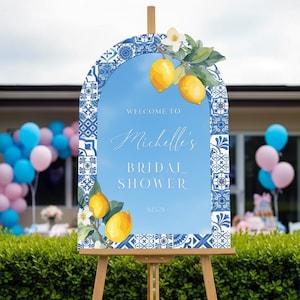 Printed Blue Tiles Bridal Shower Sign, Custom Main Squeeze Bridal Shower Welcome Sign, Mediterranean Bridal Sign, Citrus Bridal Decorations