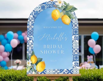 Printed Blue Tiles Bridal Shower Sign, Custom Main Squeeze Bridal Shower Welcome Sign, Mediterranean Bridal Sign, Citrus Bridal Decorations