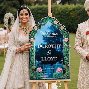 Op de afbeelding: Een boogvormig welkomstbord voor een bruiloft met een donkerblauw midden en witte tekst die Welcome to the wedding of Dorothy & Lloyd June 6, 2026 leest. De rand toont groene pauwenveren, roze lotusbloemen en blauwe florale accenten.