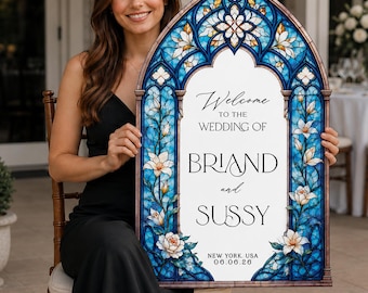 Navy Blue Wedding Sign, Roses Stained Glass Wedding Welcome Sign, Printed Mirror Acrylic Wedding Entrance Sign
