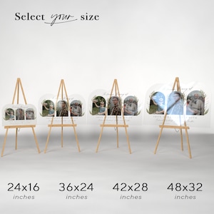 May include: Four different sizes of clear acrylic memorial signs with a photo collage and greenery design. The signs are displayed on wooden easels. The sizes are 24x16 inches, 36x24 inches, 42x28 inches, and 48x32 inches.