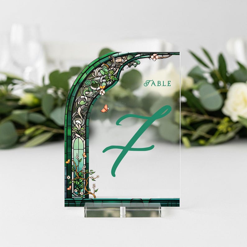 Emerald Green Wedding Table Numbers, Floral Wedding Table Signs, Frosted Acrylic Or Mirrors Table Numbers, Wedding Table Decorations Clear Acrylic