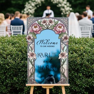 Stained Glass Wedding Sign, Pink Floral Mirror Wedding Welcome Sign, Printed Mirrored Or Acrylic Wedding Entrance Sign Blue Acrylic Mirror