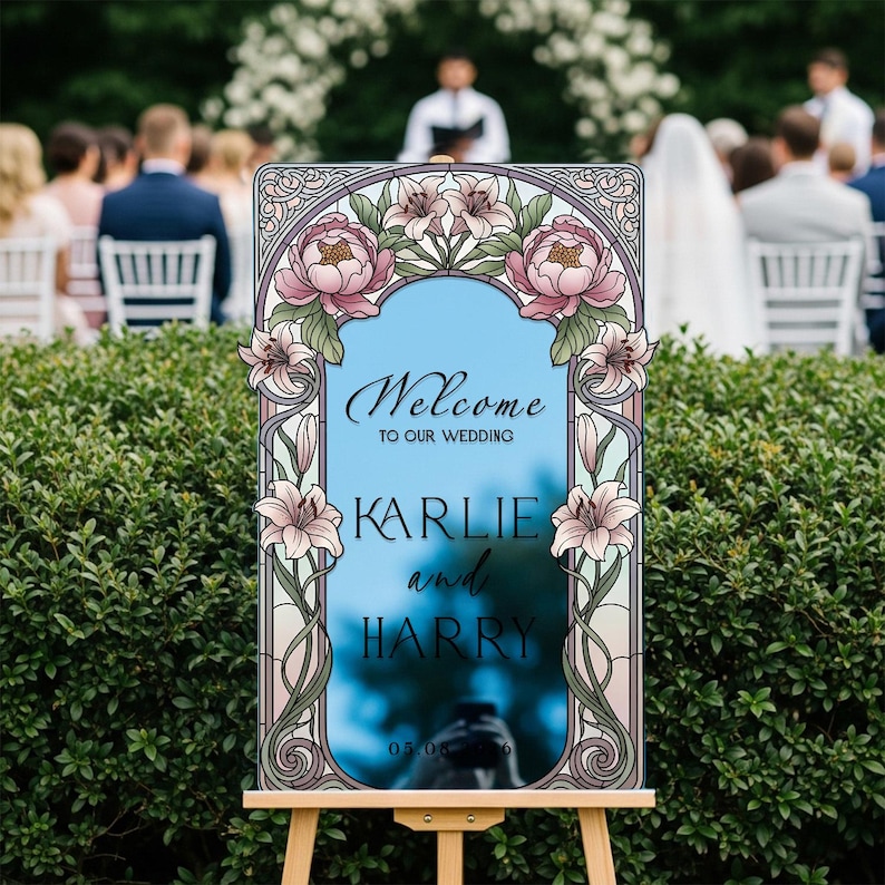 Stained Glass Wedding Sign, Pink Floral Mirror Wedding Welcome Sign, Printed Mirrored Or Acrylic Wedding Entrance Sign Blue Acrylic Mirror