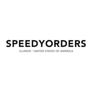 May include: Black and white logo for Speedyorders, a company based in Illinois, United States of America.
