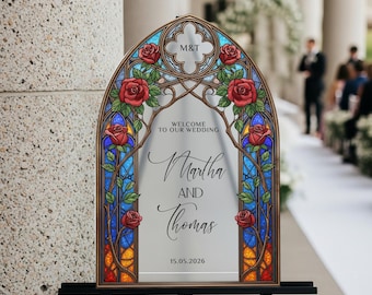 Stained Glass Wedding Sign, Arched Roses Wedding Welcome Sign, Printed Wedding Sign in Mirror Or Acrylic