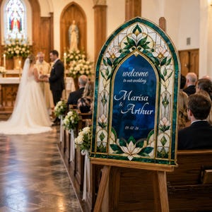 May include: An arched wedding welcome sign featuring a stained glass border with green and white floral patterns. The center is a dark blue panel with white text reading: welcome to our wedding, Marisa & Arthur, 05-02-26. The sign sits on a wooden easel.