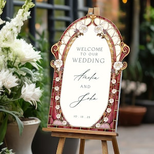 Burgundy Red Stained Glass Floral Wedding Sign, Cream Roses Frosted Wedding Welcome Sign, Printed Mirror Acrylic Wedding Entrance Sign PVC Board