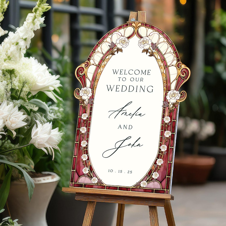 Burgundy Red Stained Glass Floral Wedding Sign, Cream Roses Frosted Wedding Welcome Sign, Printed Mirror Acrylic Wedding Entrance Sign PVC Board