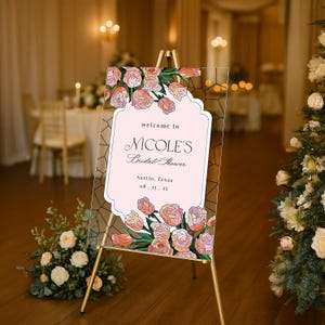 Pink Roses Acrylic Bridal Shower Sign, Floral Bridal Shower Welcome Signs, Custom Stained Glass Bridal Shower Entrance Signs