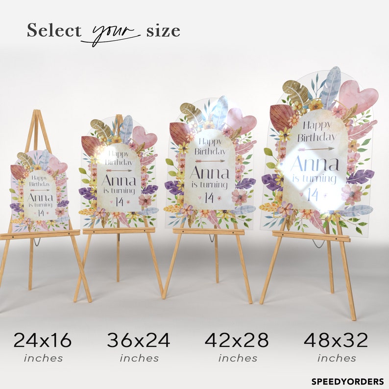 May include: Four arched acrylic birthday signs on wooden easels, featuring floral and feather illustrations. Text reads: Happy Birthday Anna is turning 14. Sizes listed below are 24x16, 36x24, 42x28, and 48x32 inches. The text Select your size appears above.