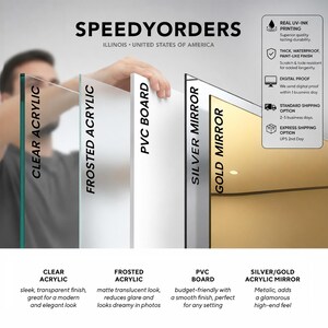 K&ouml;nnte beinhalten: Das Bild zeigt verschiedene Materialien: klares Acryl, mattiertes Acryl, PVC-Platte, Silber- und Goldspiegel. Der Text "SPEEDYORDERS" ist oben zu sehen, zusammen mit Details zu UV-Tintendruck, digitalem Proofing und Versandoptionen. Die Materialien werden als elegant, transluzent, budgetfreundlich und metallisch beschrieben.