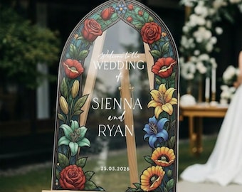 Floral Stained Glass Wedding Sign, Mirror Green Garden Wedding Welcome Sign, Printed Mirrored Or Acrylic Wedding Entrance Signage