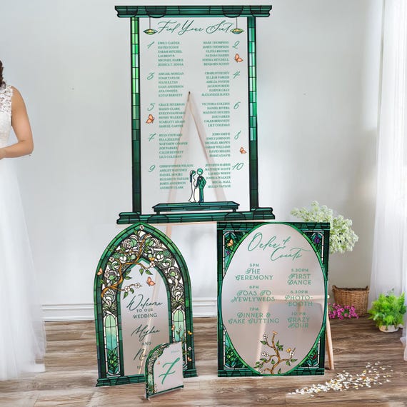 Emerald Green Stained Glass Wedding Sign Bundle, Seating Chart Sign, Vintage Order Of Events Sign, Wedding Table Numbers