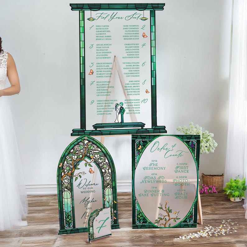 May include: Three stained glass style wedding signs with green and white floral designs. The first sign says "Find Your Seat" and lists names under numbers 1 through 10. The second sign says "Welcome to Our Wedding" with the names "Myles and Claire". The third sign says "Order of Events" and lists the times for the ceremony, photos, dinner, and dancing.
