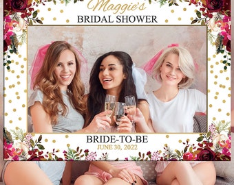 Bridal Shower Selfie Props - Bridal Shower Photobooth Prop - Floral Gold Frame Background - Bridal Picture Frame