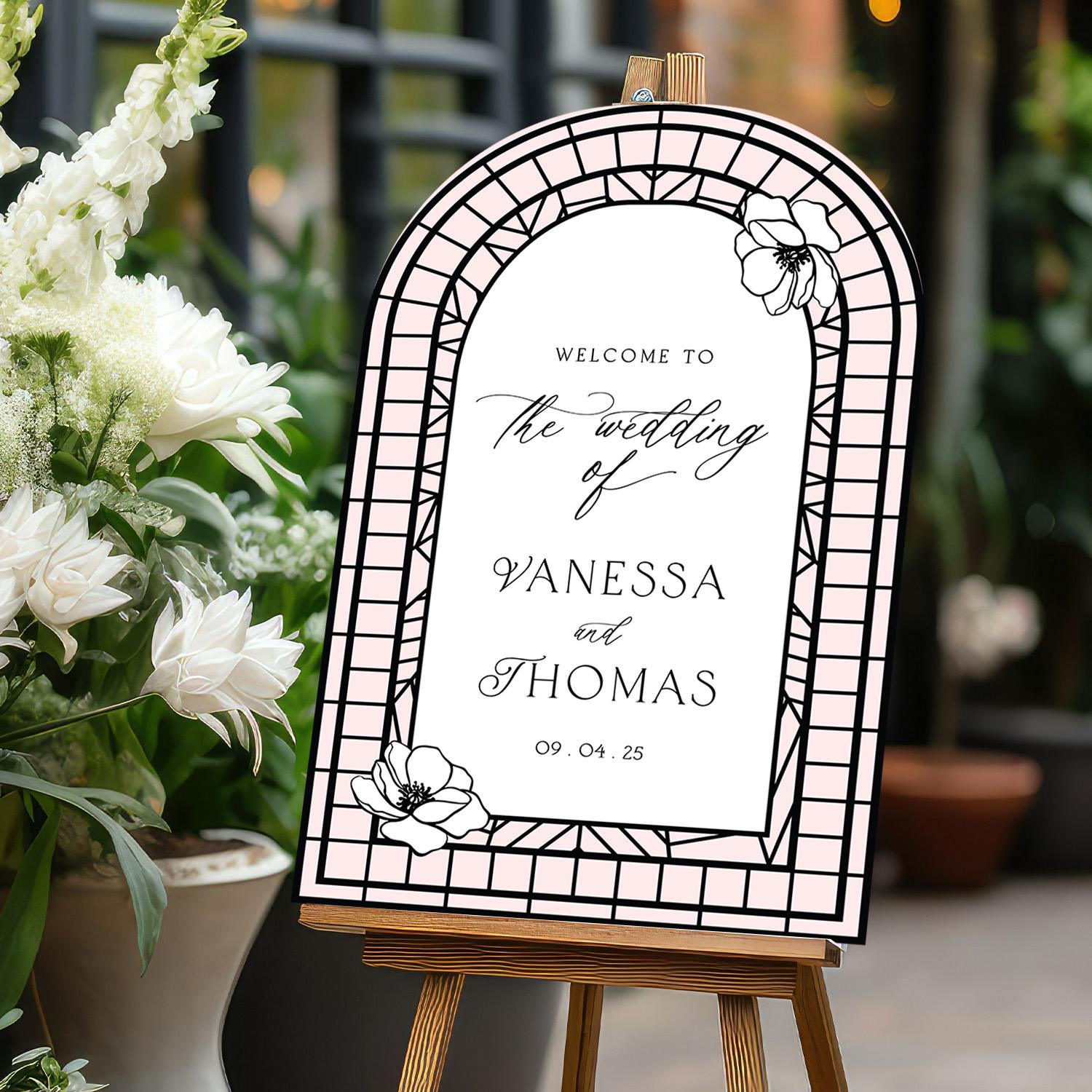 Wedding Sign, Stained Glass Wedding Welcome Sign, Printed Acrylic Mirror Wedding Sign, Floral Wedding Decorations