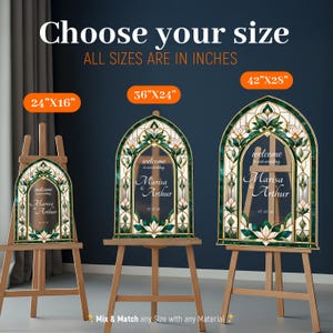 May include: Three arched wedding signs on wooden easels with stained glass-style borders in green and white. The signs display the text 'welcome to our wedding Marisa & Arthur 05 02 26' and are labeled with sizes 24x16 inches, 36x24 inches, and 42x28 inches.
