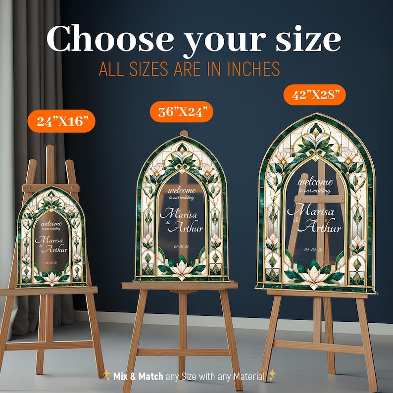 May include: Three arched wedding signs on wooden easels with stained glass-style borders in green and white. The signs display the text 'welcome to our wedding Marisa & Arthur 05 02 26' and are labeled with sizes 24x16 inches, 36x24 inches, and 42x28 inches.