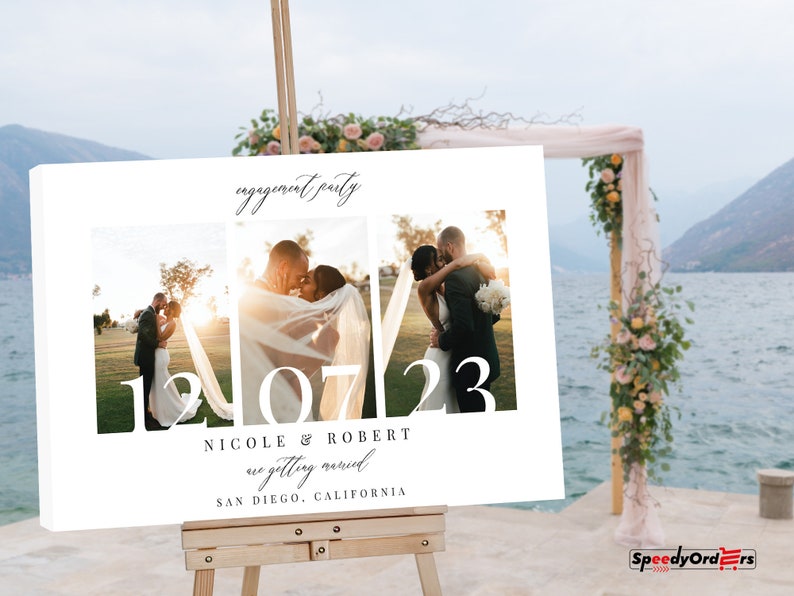 K&ouml;nnte beinhalten: Ein rechteckiges wei&szlig;es Verlobungsparty-Schild mit drei vertikalen Fotopaneelen eines Paares. Der Text lautet engagement party, 12 07 23, NICOLE & ROBERT are getting married und SAN DIEGO, CALIFORNIA in schwarzen Serif- und Schreibschriften.