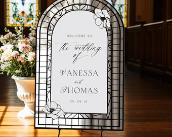 Wedding Sign, Stained Glass Wedding Welcome Sign, Printed Acrylic Mirror Wedding Sign, Floral Wedding Decorations